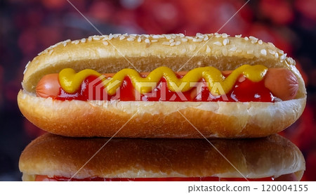 Hot dog with mustard and ketchup on a sesame seed bun. 120004155