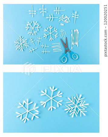 Step-by-step collage showing DIY cotton swab snowflake ornaments with scissors 120020251