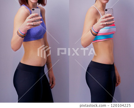 You gotta earn a body like this. Shot of a woman before and after her diet. 120104225