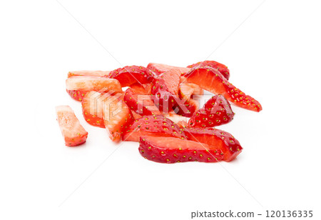 Strawberry pieces isolated, red berry cut set, fresh strawberries slices, summer food ingredient 120136335