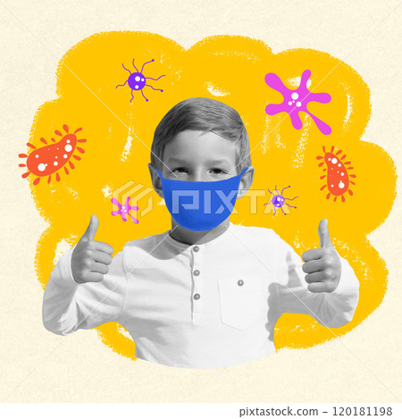 Young boy wearing protective mask, giving thumbs up, surrounded by abstract virus icons. Contemporary art collage. 120181198