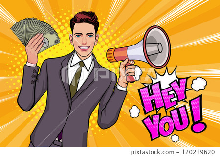 Business man with loudspeaker megaphone announcing discount or sale Special offer shopping time 120219620