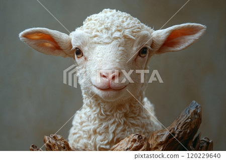 A beautifully detailed view of a lamb's head with soft curls and a gentle expression 120229640