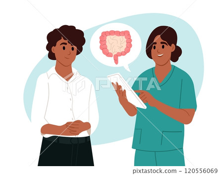 Irritable Bowel Syndrome (IBS) Awareness Month. Doctor talks to a patient about bowel disease. A doctor who studies intestinal diseases. Vector flat illustration. 120556069