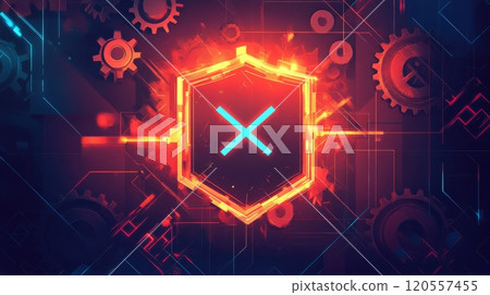 System failure alert with glowing red shield and blue cross symbol on circuit board 120557455