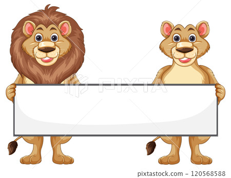 Cartoon Lions Holding a Blank Sign 120568588