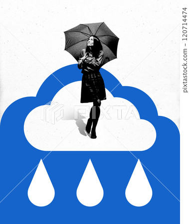 Conceptual illustration of seeking emotional protection, woman holding umbrella under cloud with rain drops, symbolizing resilience. 120714474