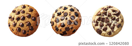 Three side-by-side images depict the same chocolate chip cookie, each showcasing a unique presentation. 120842080