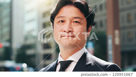 Businessman, portrait and lawyer in city for travel, morning commute or career pride in Tokyo. Mature attorney, Japanese employee and outdoor with confidence for opportunity, growth and corporate job 120951667