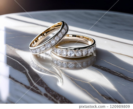 Wedding Rings with a Polished Marble Surface Reflection 120989809