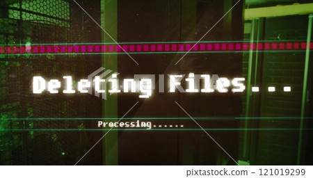 Image of deleting files, processing text on interface screen over computer server room 121019299