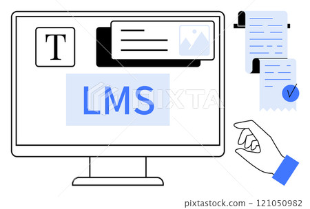 Computer screen displays text documents and images labeled LMS. Hand manages digital documents. Ideal for online education, e-learning platforms, digital resources, virtual classrooms, educational 121050982