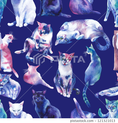 Seamless pattern of watercolor stray cats 121321013