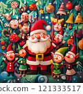 Santa Claus and cheerful elves in vibrant Christmas scene 121333517