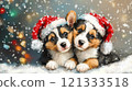 Two corgi puppies in Santa hats in winter snow scene 121333518