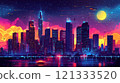 Vibrant futuristic skyline with neon hues at night 121333520