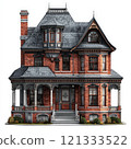 Victorian-style brick house with intricate details 121333522