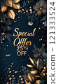 Elegant holiday offer with golden decorations on dark blue 121333524