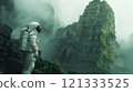 Astronaut amidst jungle ruins and towering ancient architecture 121333525