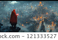 Enigmatic figure in red cloak observing illuminated cityscape 121333527