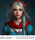 Woman in red scarf with a braided hairstyle 121333530