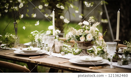 Table decor, holiday tablescape and dinner table setting in countryside garden, formal event decoration for wedding, family celebration, English country and home styling inspiration 121362460