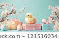 Adorable chick surrounded by Easter gifts and blooms, vibrant celebration. Easter 121516034