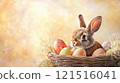 Fluffy rabbit in basket with painted Easter eggs, festive family scene. Easter 121516041