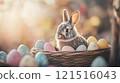 Woven basket with rabbit and vibrant eggs, joyful Easter composition. Easter 121516043