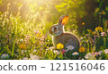 Fluffy rabbit among spring flowers on green field, cozy Easter vibe. Easter 121516046