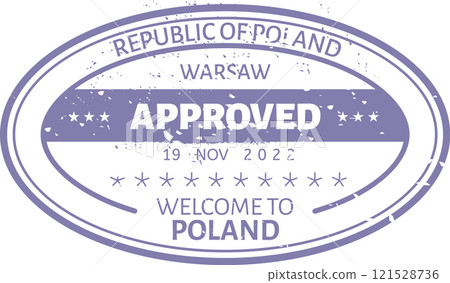 Oval shaped approved stamp displaying a textured, worn design with the words Republic of Poland, Warsaw, Approved, the date 19 Nov 2022, and Welcome to Poland 121528736