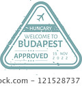 Triangular teal grunge stamp welcoming visitors to Budapest, Hungary, Europe, featuring an airplane icon, capturing the essence of travel and adventure on November 19, 2022 121528737