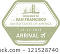 Hexagonal immigration arrival stamp in green with the Golden Gate Bridge celebrating travel to San Francisco, United States of America, on December 19, 2022 121528740