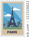 Postage stamp featuring the iconic Eiffel Tower alongside a beautiful Paris skyline, adorned with stylized clouds and a vibrant blue sky, capturing the essence of travel and tourism 121528822