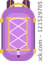 Purple backpack showcasing vibrant yellow straps and crisscross strings across its surface, designed for securely carrying items during adventures, travel, and outdoor activities 121529705