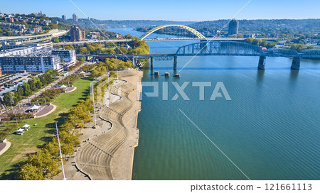 Aerial of Cincinnati Bridges Over Ohio River and Riverside Park 121661113