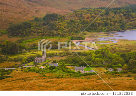 Glenveagh National Park in Donegal Ireland aerial view - The breathtaking landscape features rolling 121832828