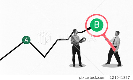 Two businessmen using oversized red magnifying glass to inspect growth path from point A to point B, symbolizing progress tracking. Conceptual design 121941827