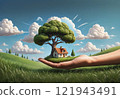 hand holding house against landscape with green field and blue sky 121943491