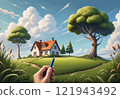 hand holding blue pen creating or finishing a landscape with house, tree and blue sky 121943492