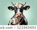 portrait of a cow in an apron with a glass of milk on a pastel green background 121943493