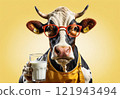 portrait of a cow in an apron with a glass of milk on a pastel yellow background 121943494