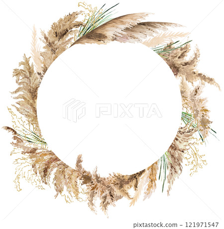 Frame with watercolor beige, green and golden pampas grass, Boho Wedding isolated illustration 121971547