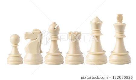 Black and white chess pieces floating on white background 122050826