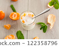 Light fruit dessert with tangerines and mint 122358796