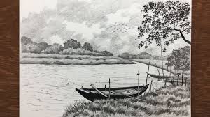 Feel free to explore, study and enjoy paintings with paintingvalley.com. Simple Scenery Drawing In Pencil River And Boats Pencil Sketch Pencil Art Youtube