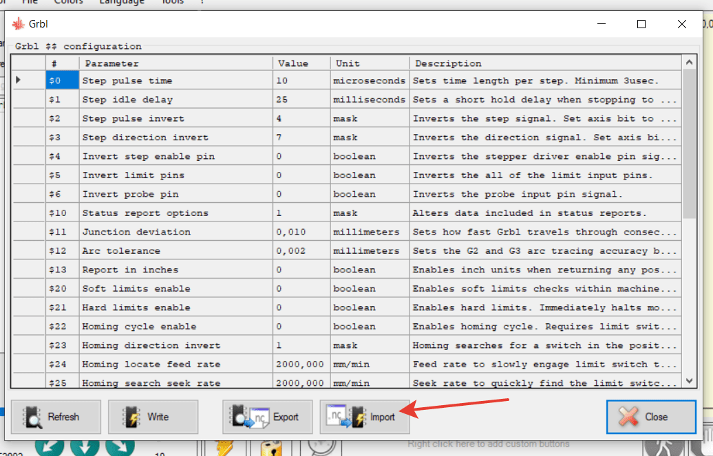 GRBL parameters.