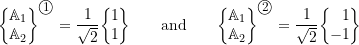 \begin{equation*}\biggl\{\!\!\!\begin{array}{r}\mathbb{A}_1 \\ \mathbb{A}_2 \\\end{array}\!\!\!\biggr\}^{\textcircled{{\footnotesize{1}}}}=\frac{1}{\sqrt{2}}\biggl\{\!\!\!\begin{array}{r}1 \\ 1 \\\end{array}\!\!\!\biggr\}\qquad\text{and}\qquad\biggl\{\!\!\!\begin{array}{r}\mathbb{A}_1 \\ \mathbb{A}_2 \\\end{array}\!\!\!\biggr\}^{\textcircled{{\footnotesize{2}}}}=\frac{1}{\sqrt{2}}\biggl\{\!\!\!\begin{array}{r}1 \\ -1 \\\end{array}\!\!\!\biggr\}\end{equation*}