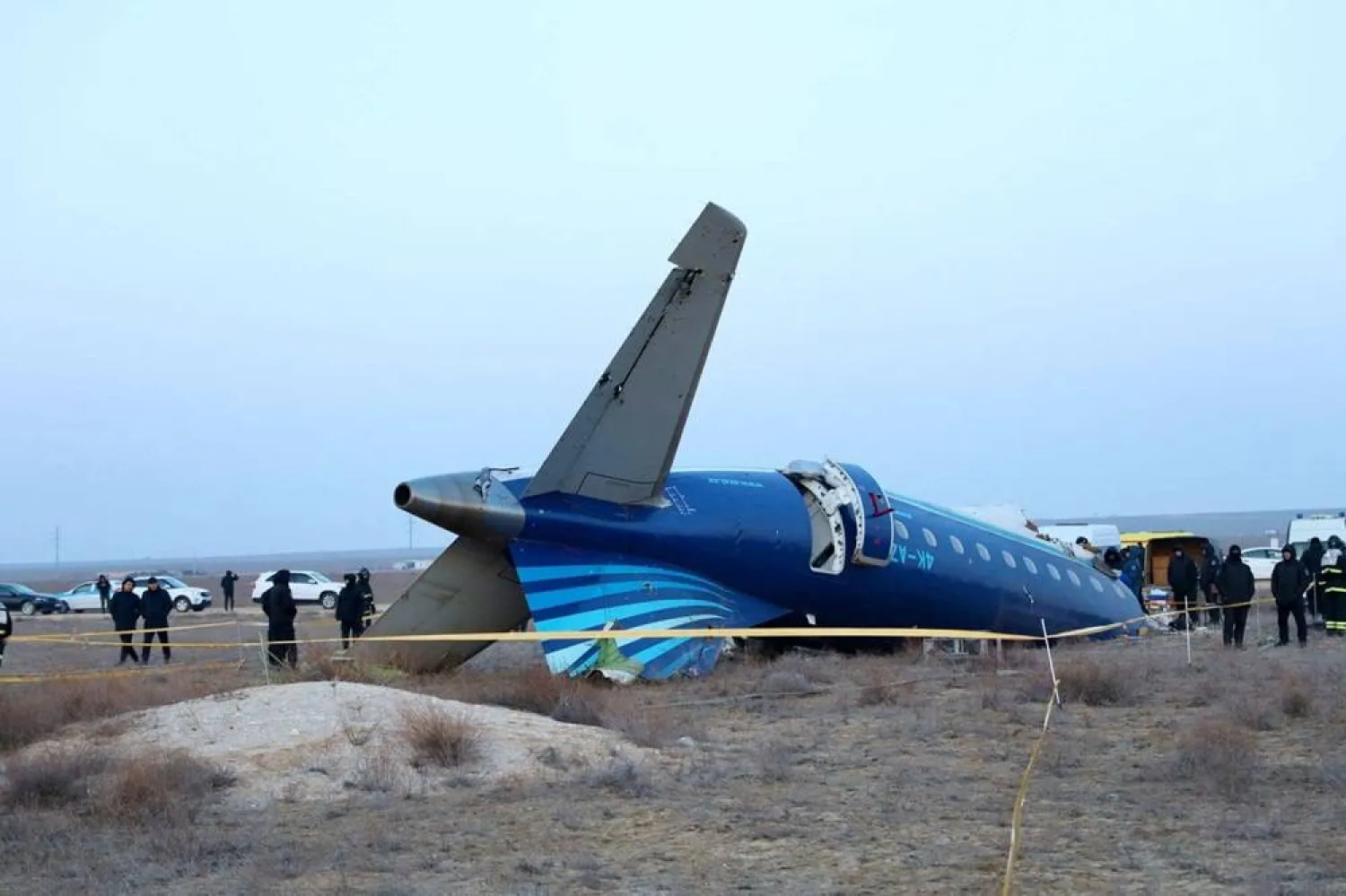 A view shows the wreckage of an Azerbaijan Airlines passenger plane at the crash site near the city of Aktau, Kazakhstan December 25, 2024. (Administration of Mangystau region/Handout via Reuters) 