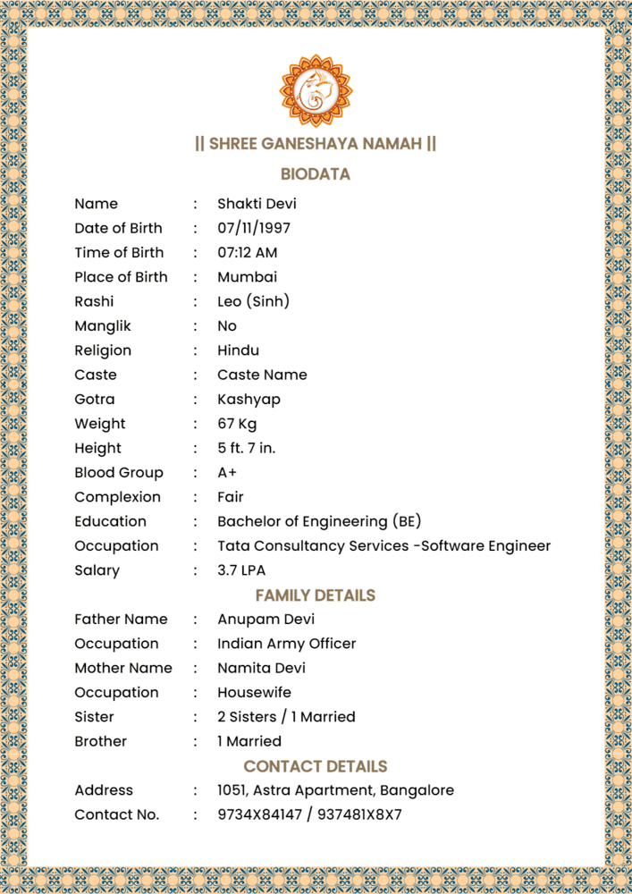 Hindu Marriage Biodata Format - Download Word & PDF